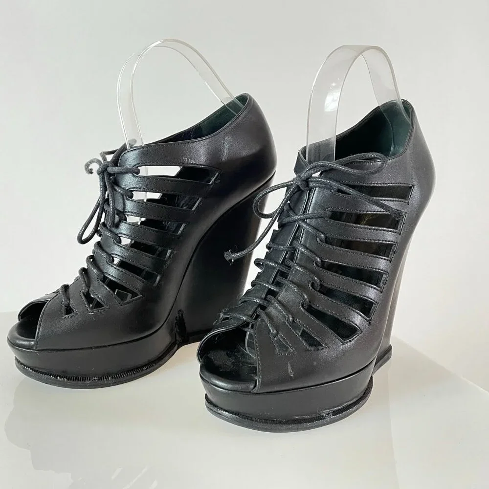 Runway | Yves Saint Laurent Lace-Up Cage Heels | YSL Black Leather Wedge | Grail
